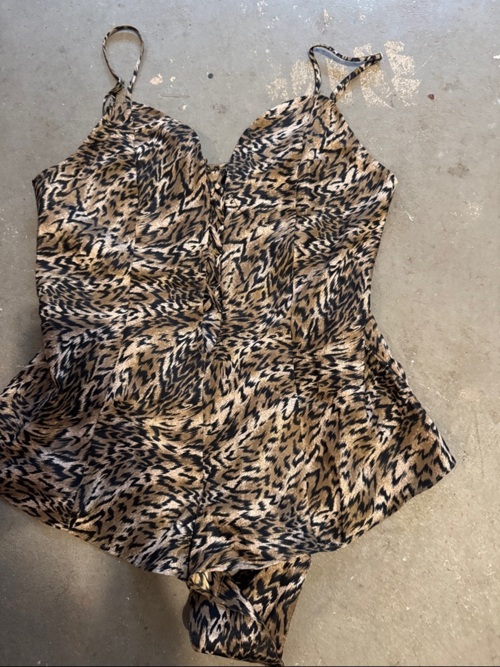 Mystique Boutique Leopard-Print Slip Romper in tan, black, cream